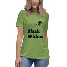 Load image into Gallery viewer, Black Widow Spider and Web Graphic combined with the words ' Black Widow ' in bold, black type