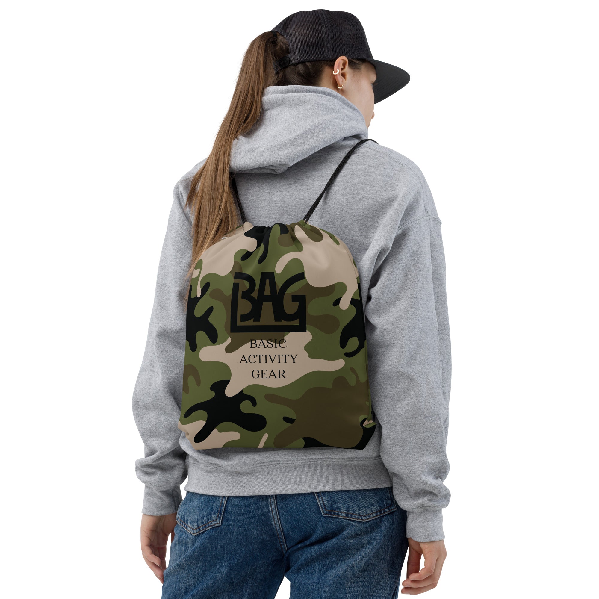 Camouflage drawstring bag with B,A,G Logo combined with 'Basic Activity Gear' text on it