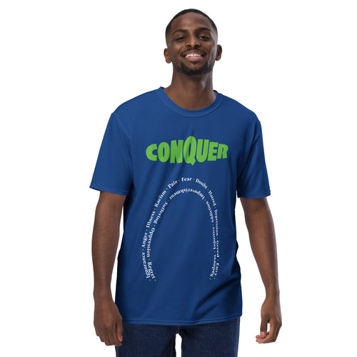 Conquer in large, bold green type with other text below forming a horseshoe shape in white
