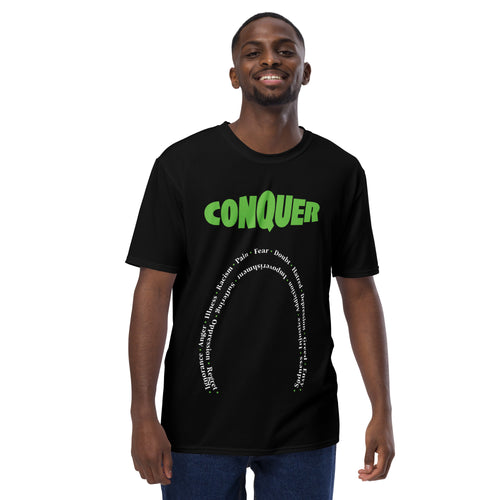 Conquer in large, bold green type with other text below forming a horseshoe shape in white