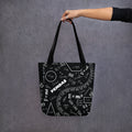 Black bag with white print of various Math equations, symbols and terms in chalkboard style layout