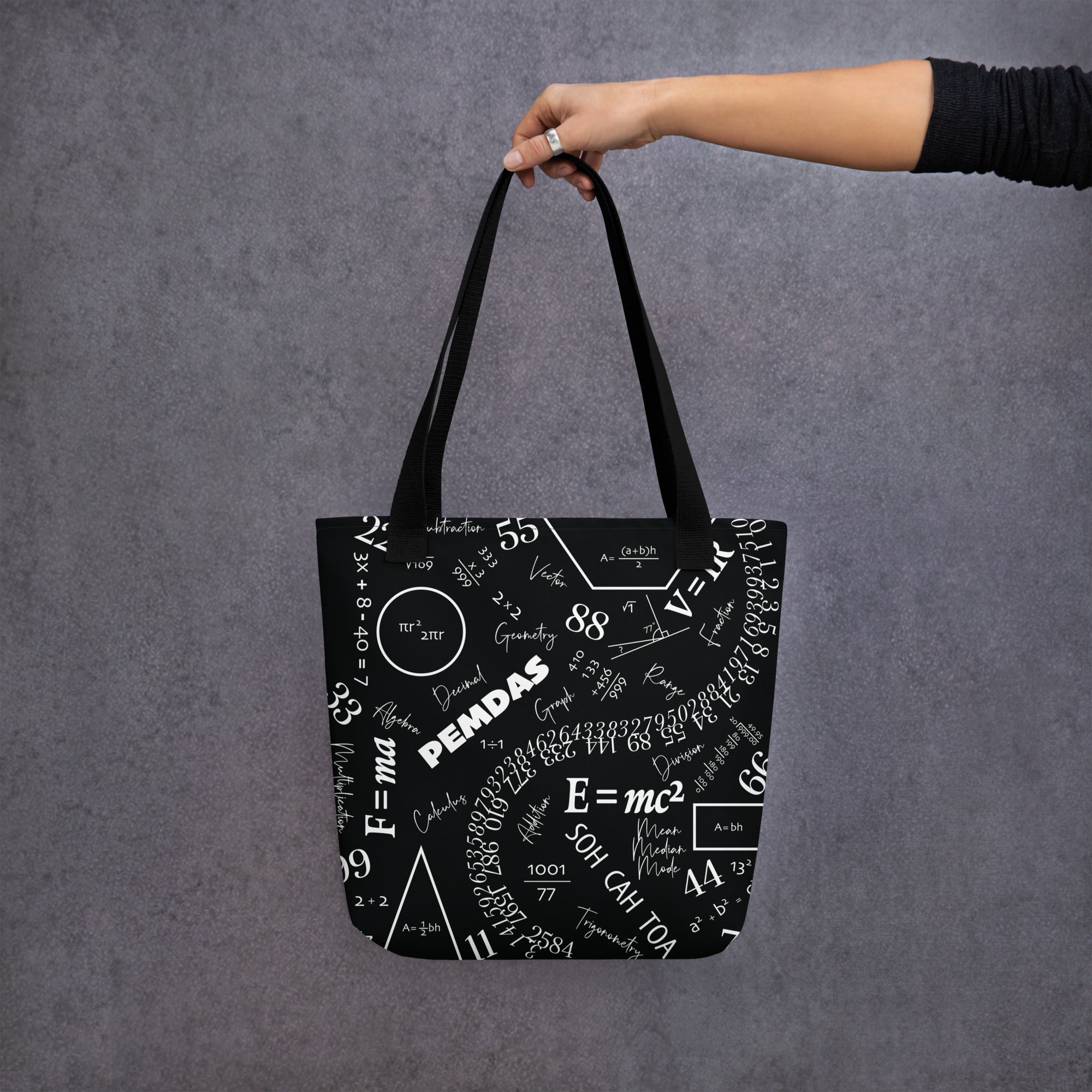 Black bag with white print of various Math equations, symbols and terms in chalkboard style layout