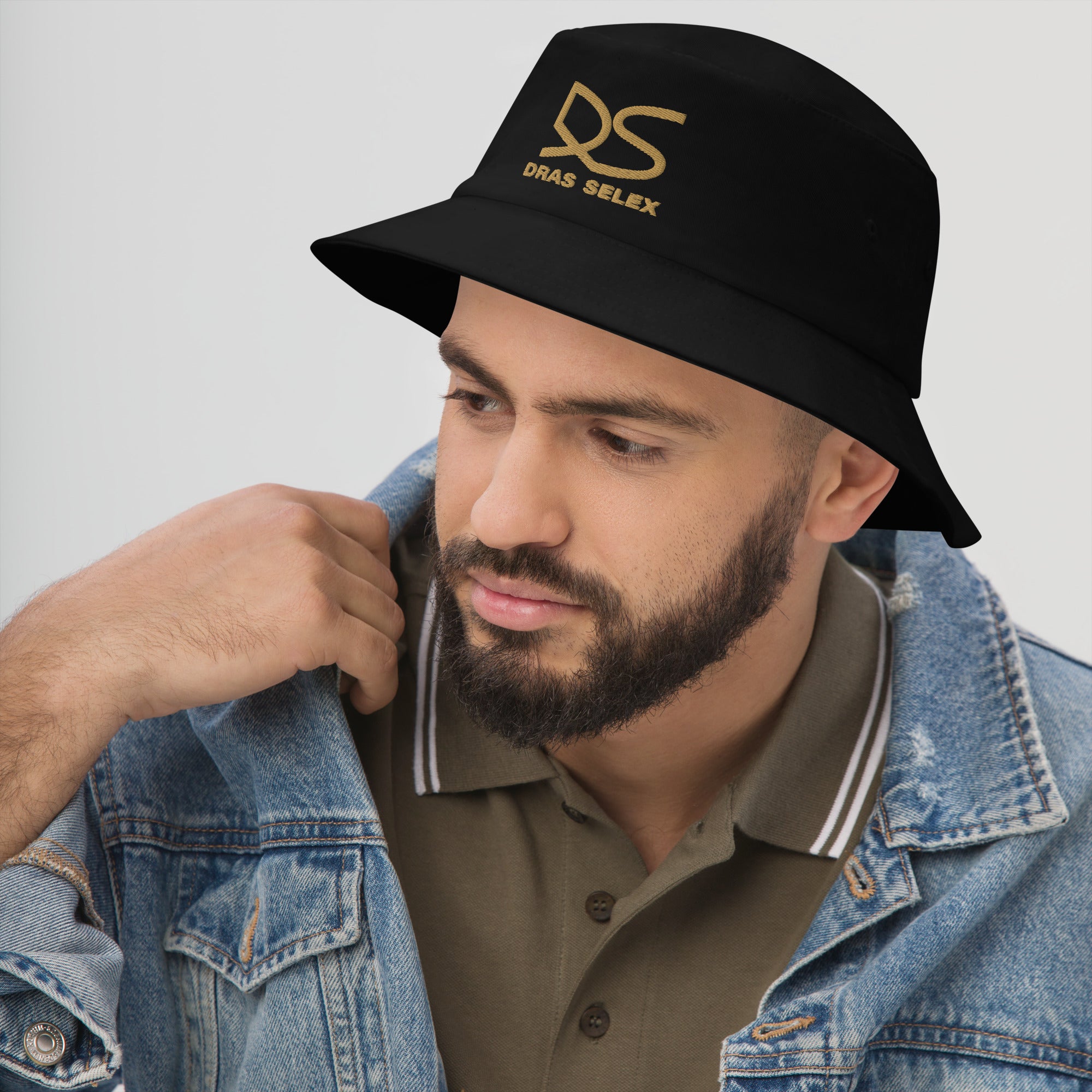 Bucket Hat with gold, embroidered Dras Selex Logo