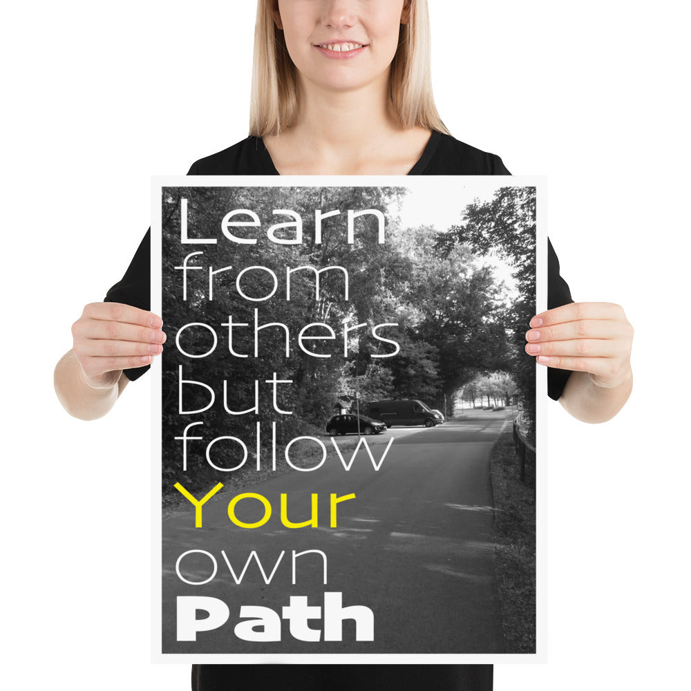 Black and White photo of roadway integrated with white and yellow text