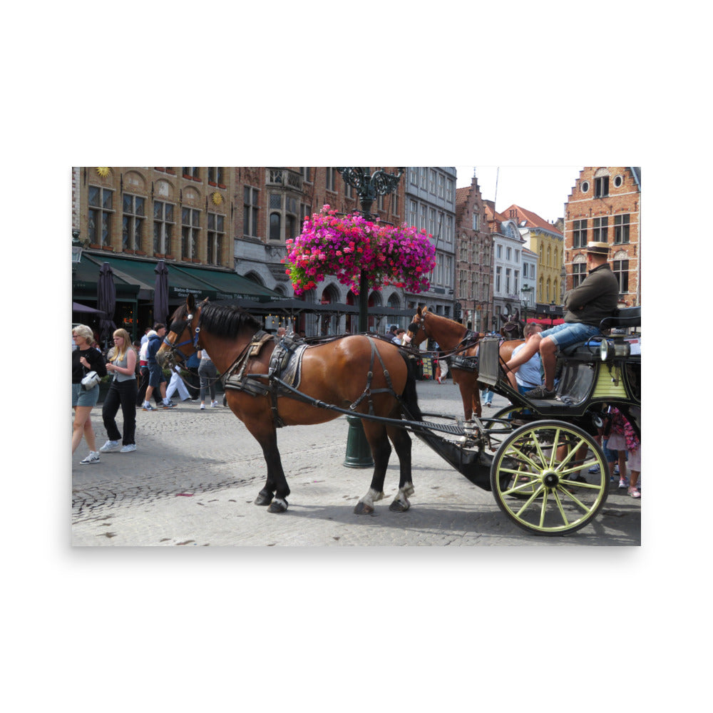 Horse-drawn carriage with a driver in an urban setting with people and buildings.