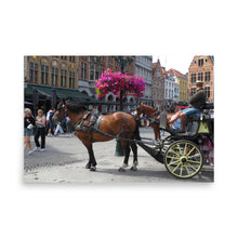 Load image into Gallery viewer, Horse-drawn carriage with a driver in an urban setting with people and buildings.
