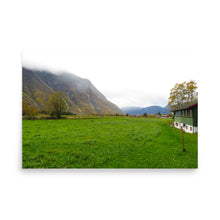 Load image into Gallery viewer, Green field with a house and mountains in the background
