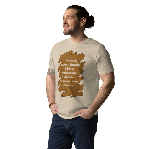 Short quote about thinking, believing and love placed on top of a brown wood-like graphic