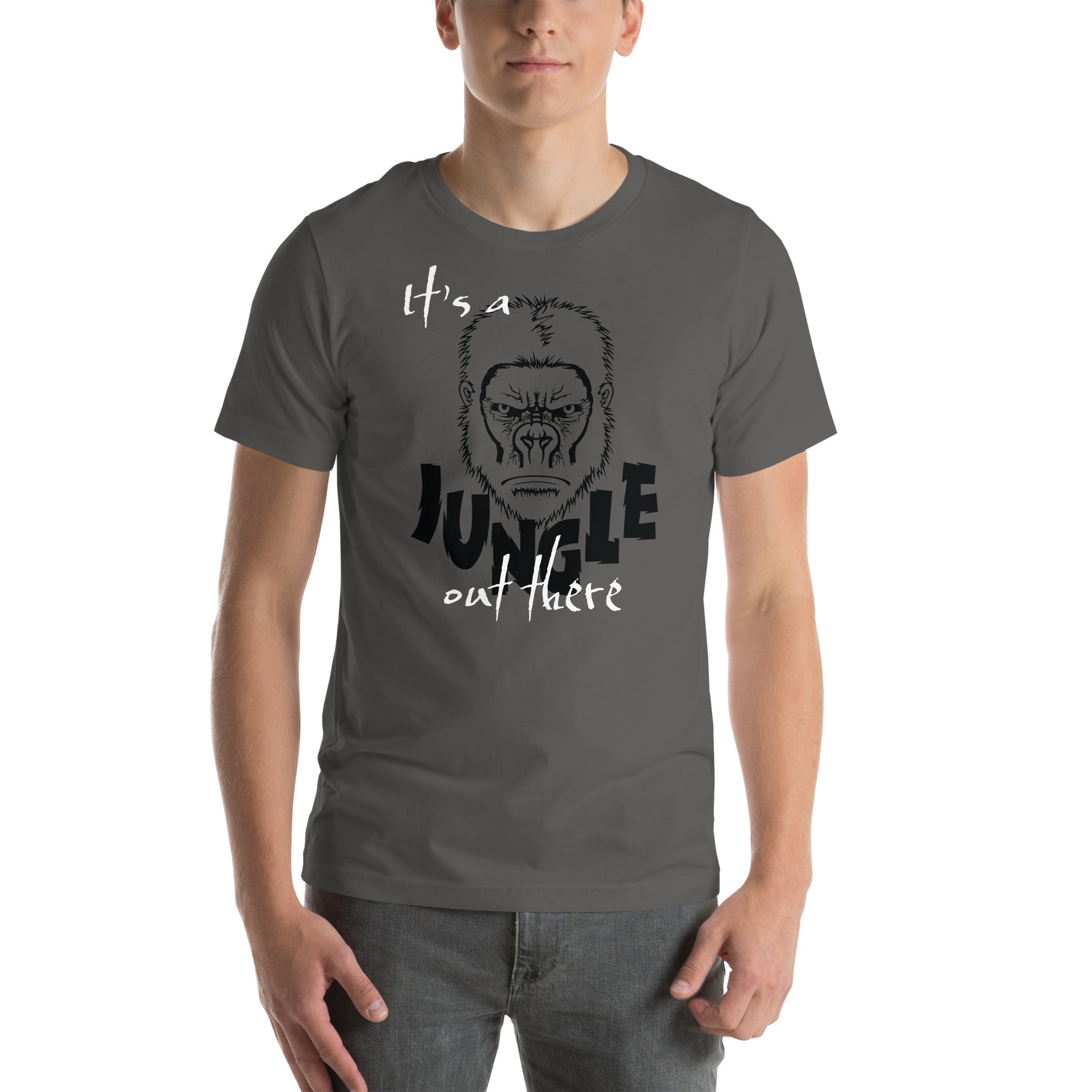 Black and white design that combines serious Ape graphic with dynamic type ' It's a Jungle out there '