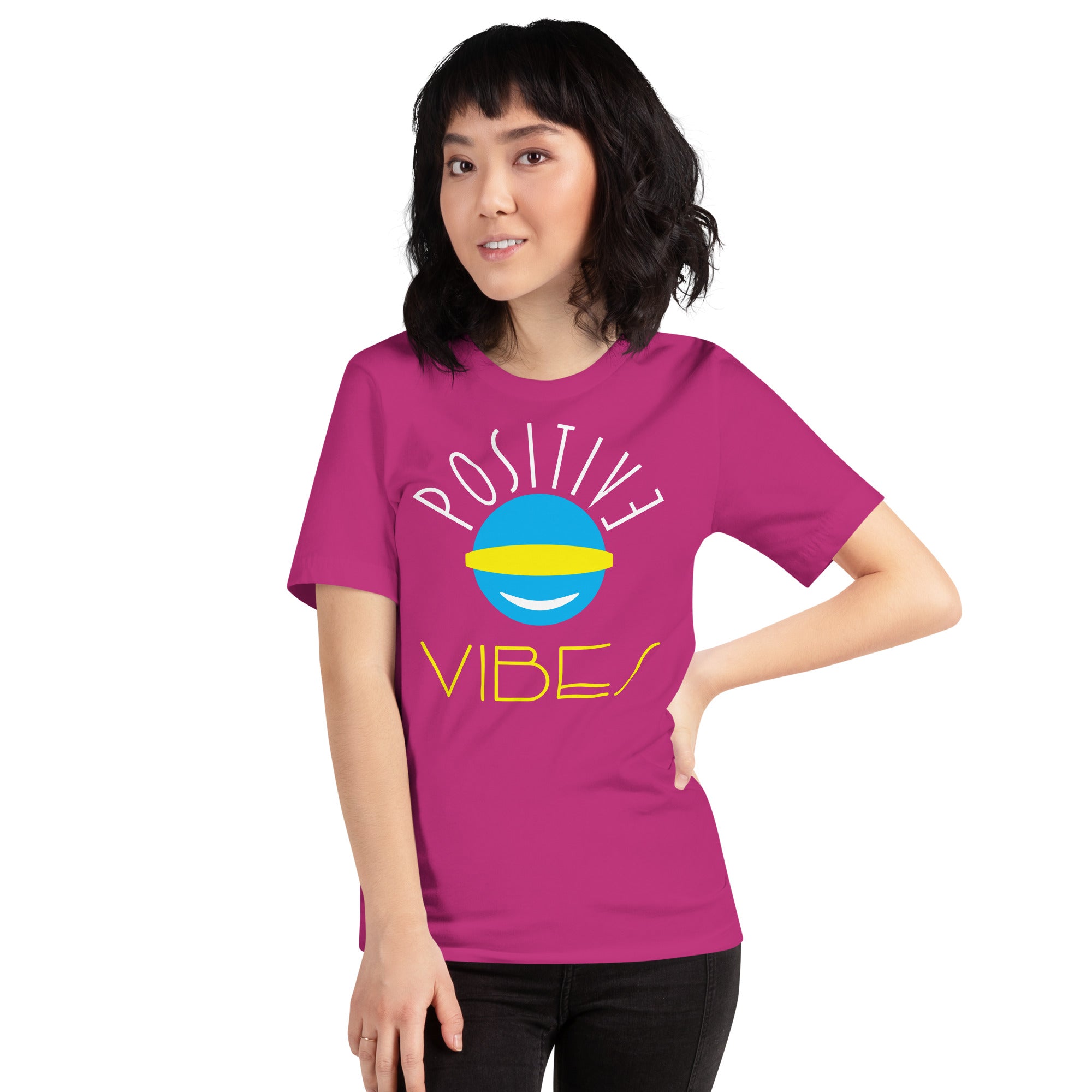Bright blue, yellow and white emoji style graphic combined with the phrase Positive Vibes