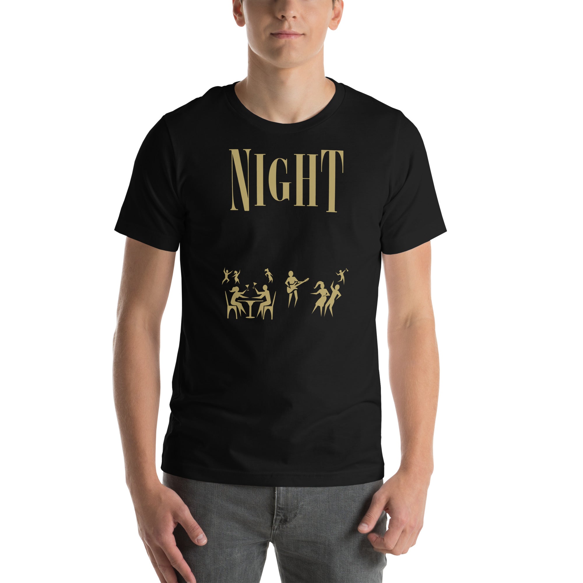 The word Night in large, gold type with icons of partying people below 