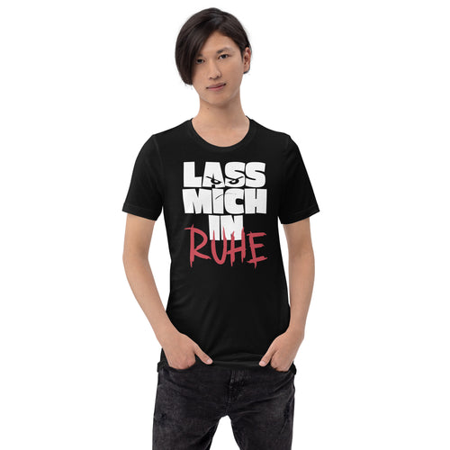 Phrase ' Lass Mich In Ruhe ' german for  ' Leave Me Alone ' in bold print with mean eyes graphic 