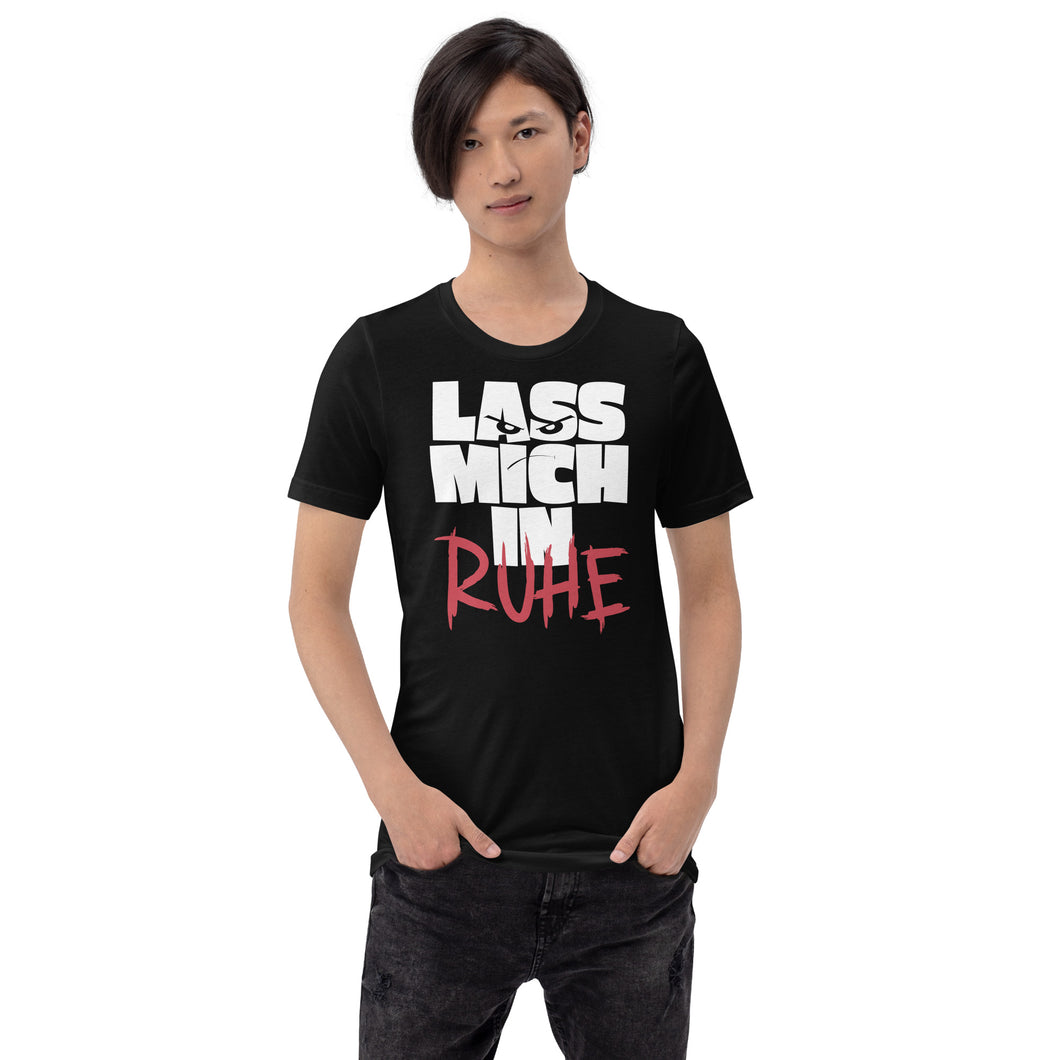 Phrase ' Lass Mich In Ruhe ' german for  ' Leave Me Alone ' in bold print with mean eyes graphic 