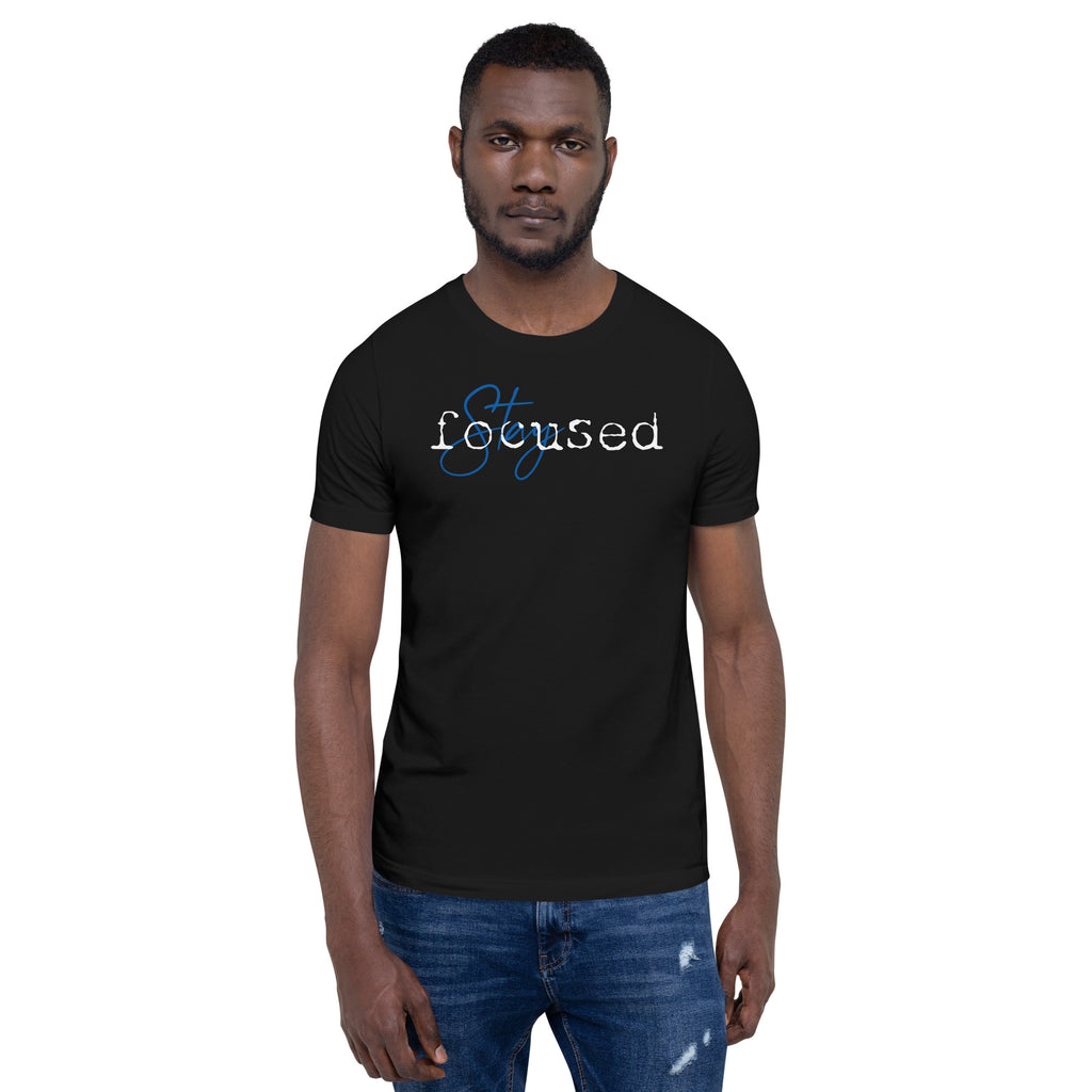 The phrase ' Stay Focused ' in blue and white contrasting type