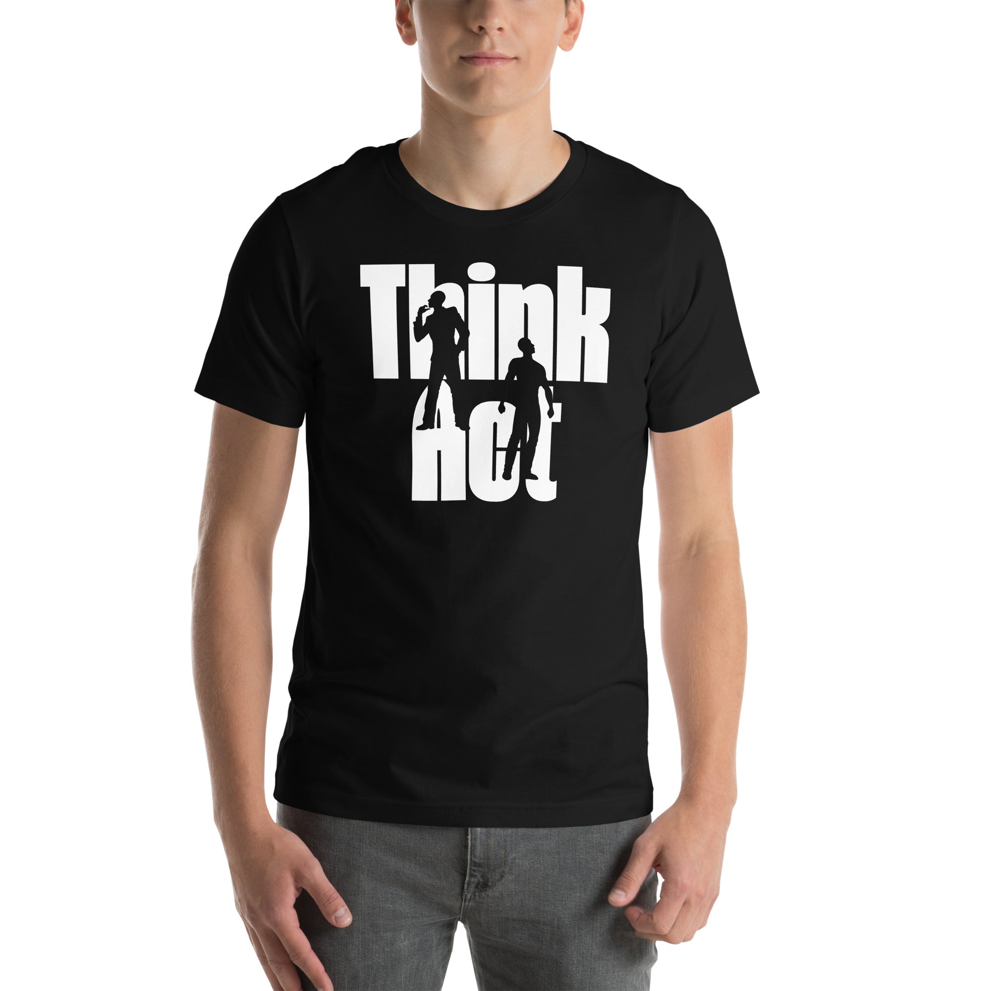The words ' Think Act ' in bold white type with 2 silhouette knockouts illustrating the message