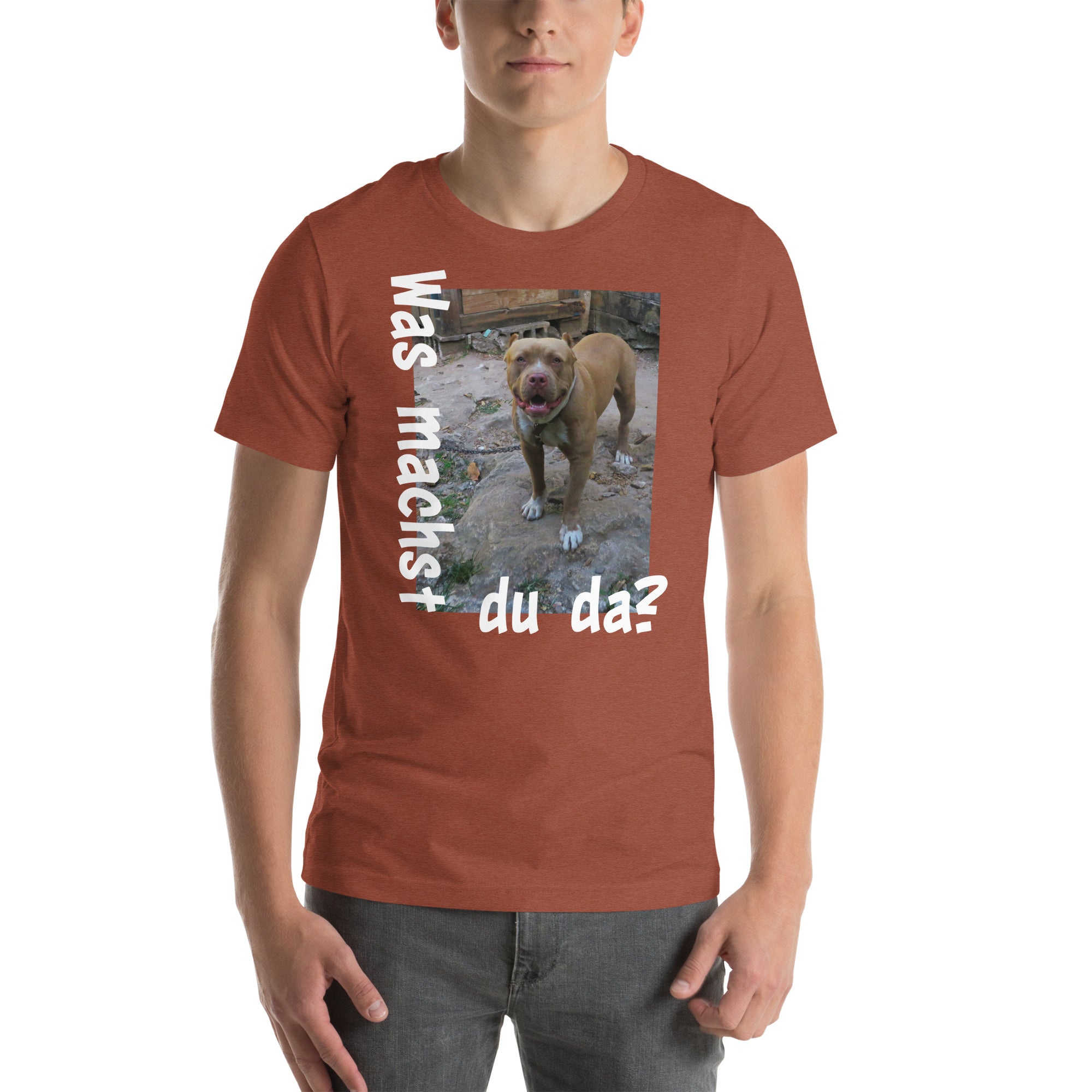 Photo of curious dog with phrase ' What are you doing? ' in german