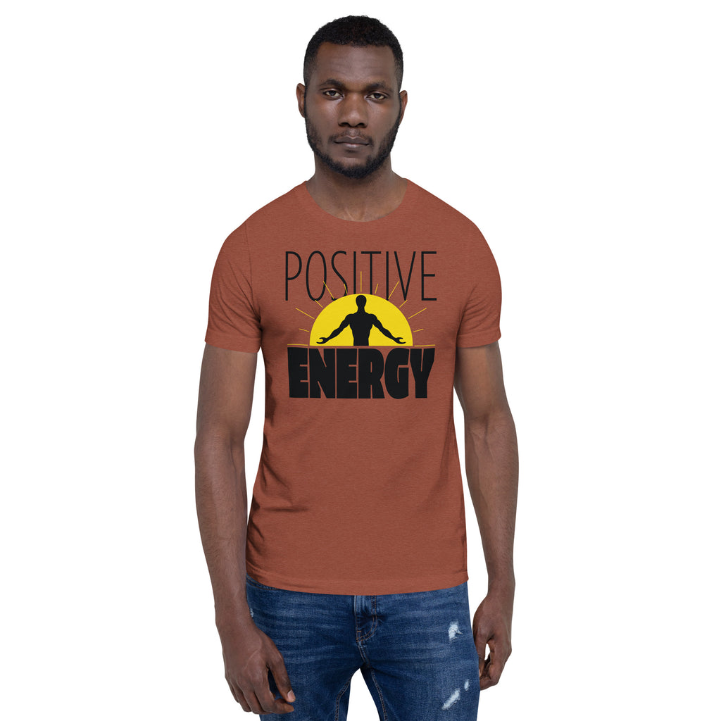 Simplistic black and yellow design, with half Sun and silhouette Graphic projecting Positive Energy