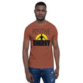 Simplistic black and yellow design, with half Sun and silhouette Graphic projecting Positive Energy
