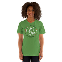 Load image into Gallery viewer, The words Flying High in white curvy type combined with circular graphic
