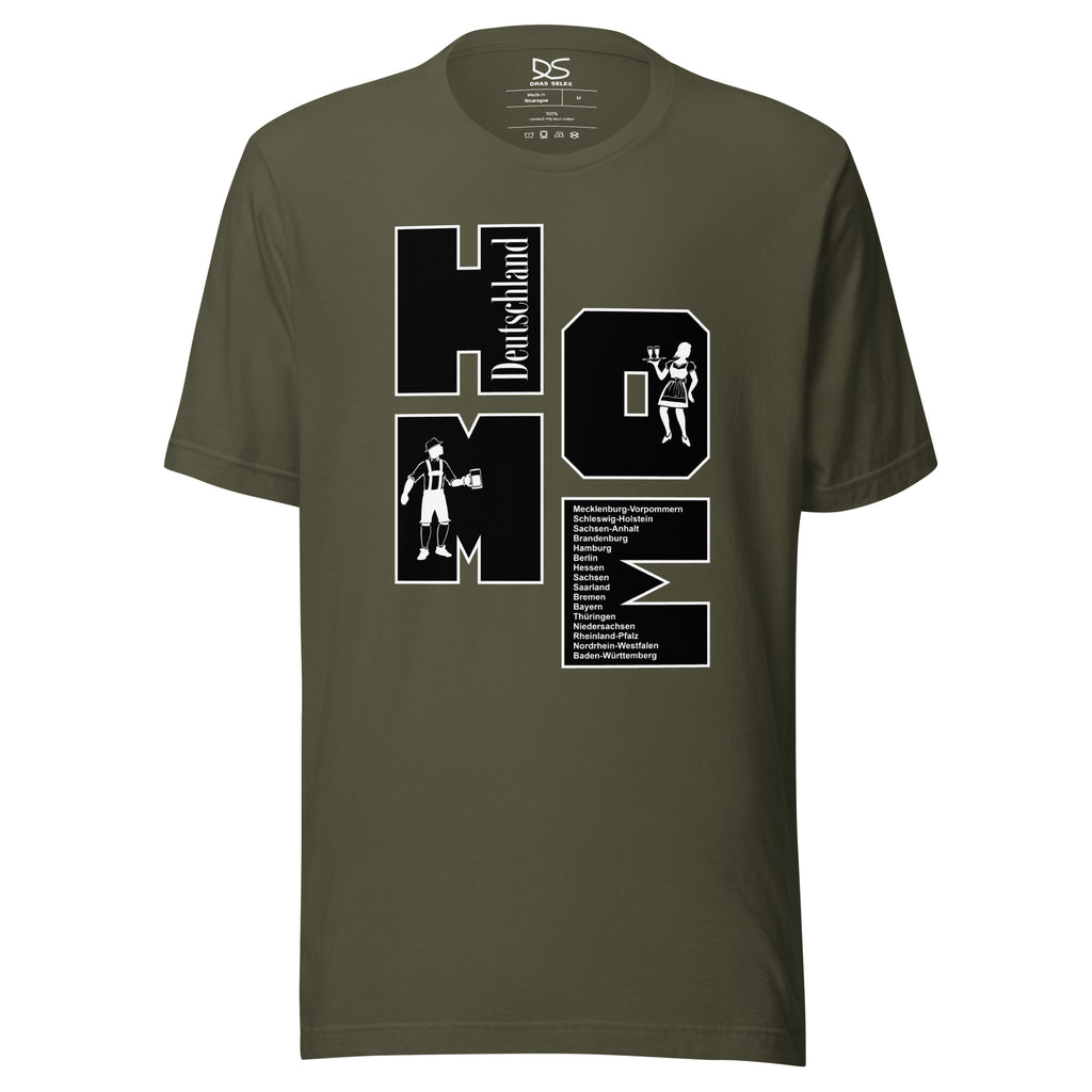 Illustration of male and female in traditional german clothing placed inside the word Home