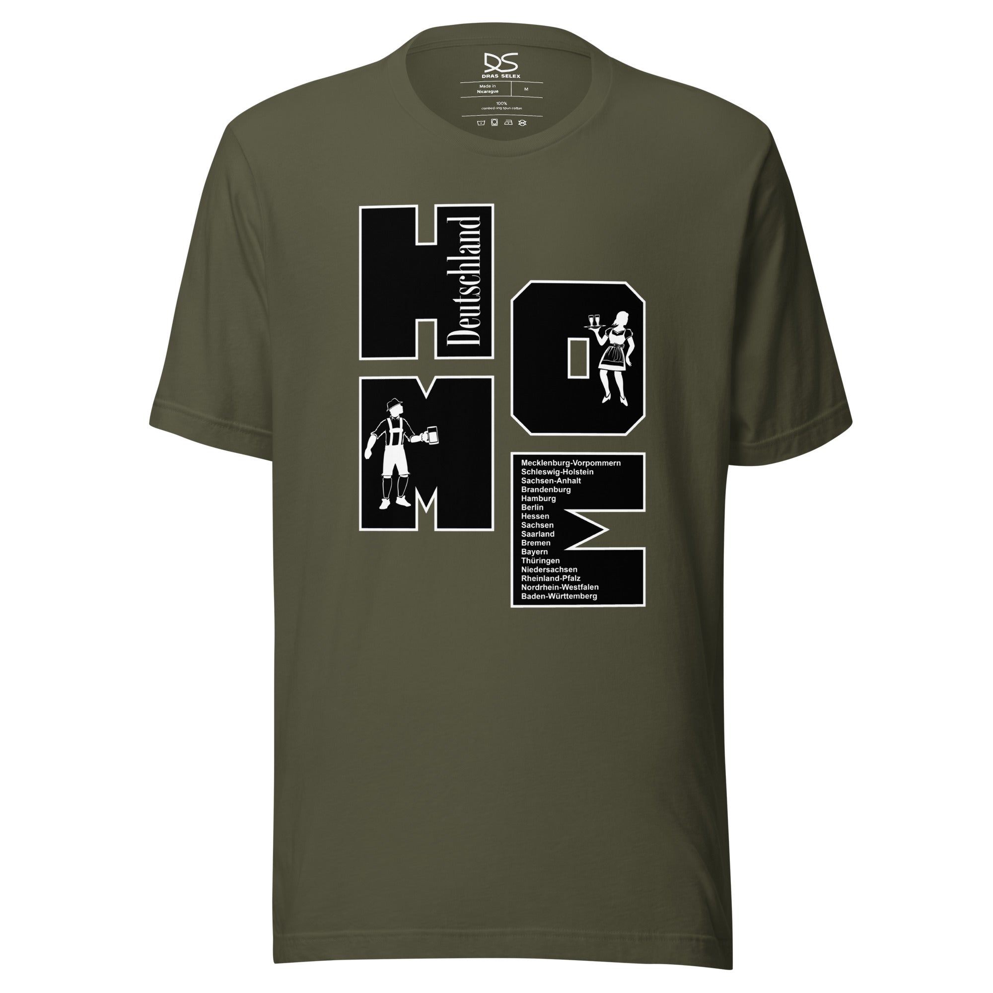 Illustration of male and female in traditional german clothing placed inside the word Home