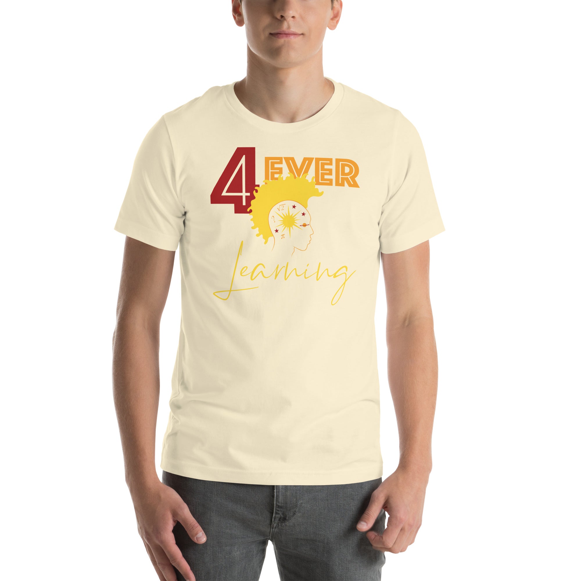 A cool, unique graphic combined with text in warm colors promoting learning