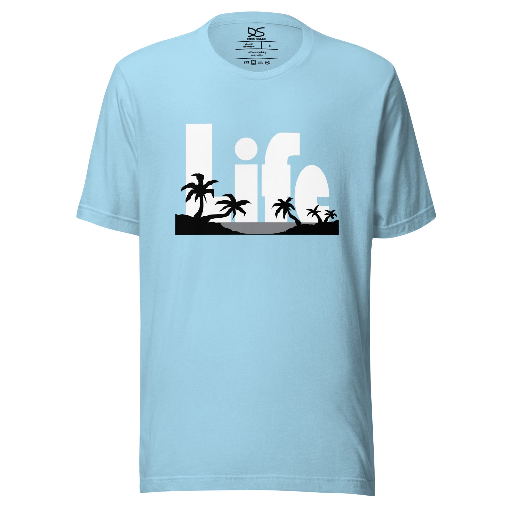 The word Life in large, bold, white type combined with island graphic