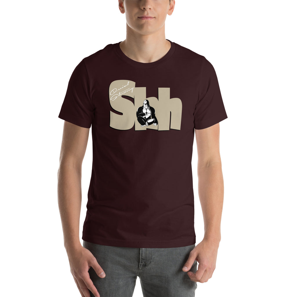 Gorilla illustration placed in front of the letters S, H, H in bold beige type