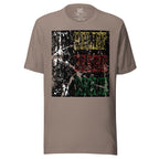 Bold white, yellow, red and green type subtly peaking through edgy, black rectangle overlay