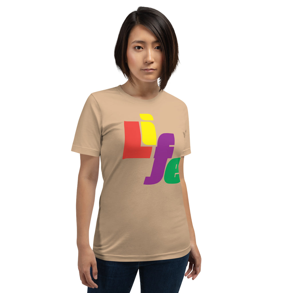 Letters of the word Life creatively arranged in bold vibrant colors