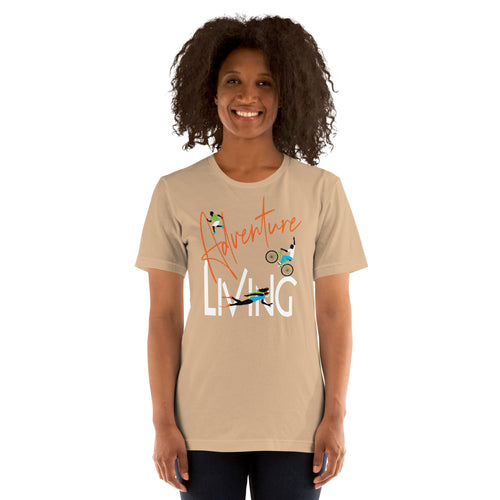Adventure Living in text form with graphics of climber, cycler and scuba diver integrated