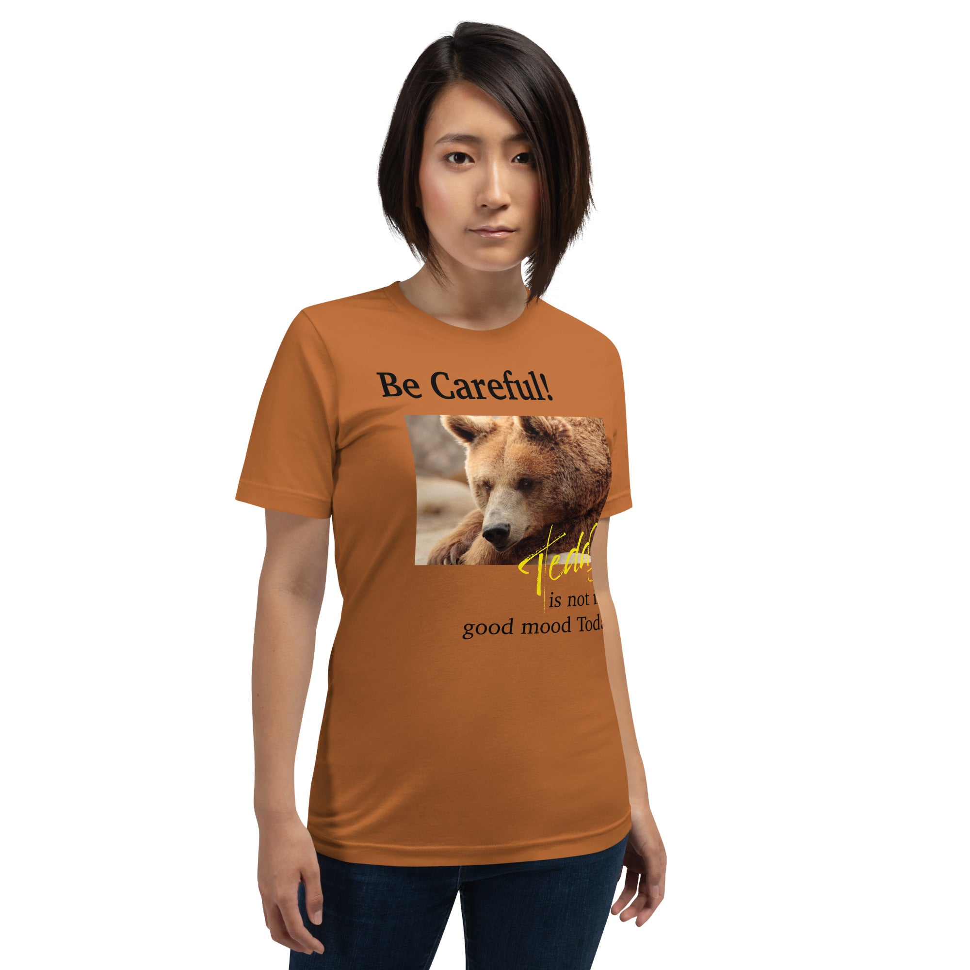 Photo of serious brown bear with headline Be Careful