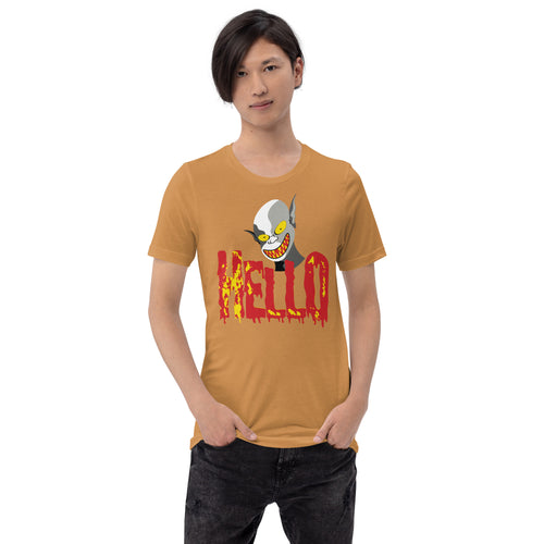 Scary looking head illustration combined  with the word Hello in red and yellow