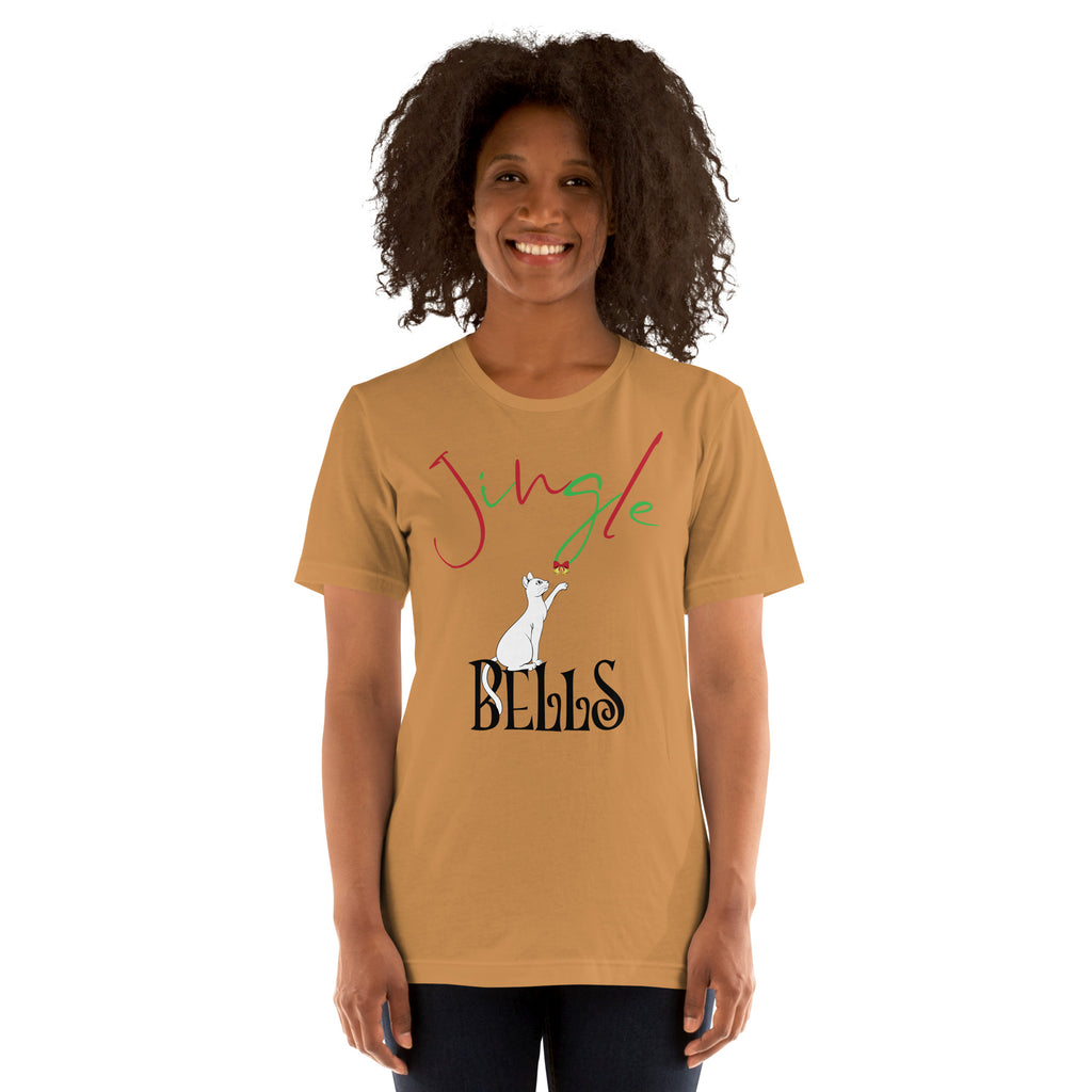 Christmas themed ' Jingle Bells ' design with white Cat and golden Bell graphics