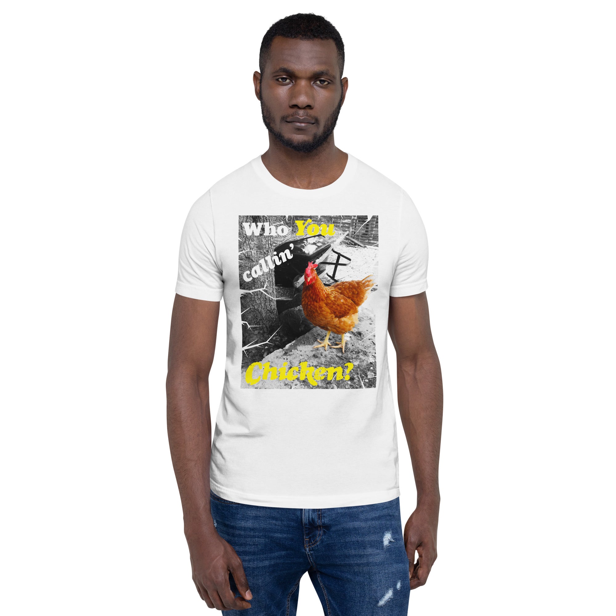 Black and white photo with serious Rooster in color for contrast 