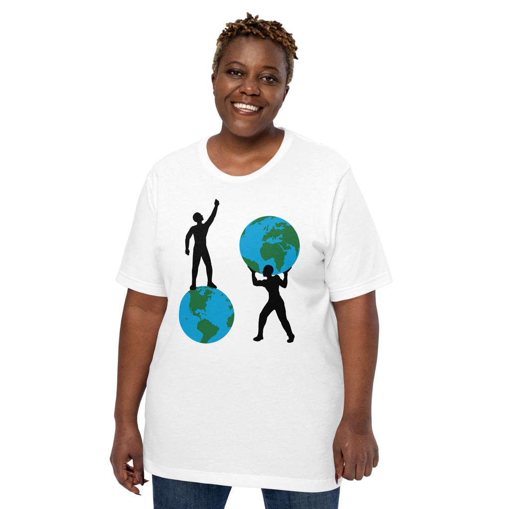 Graphic of man on top of the world and man with the world on his shoulders