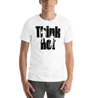 The words ' Think Act ' in bold black type with 2 silhouette knockouts illustrating the message