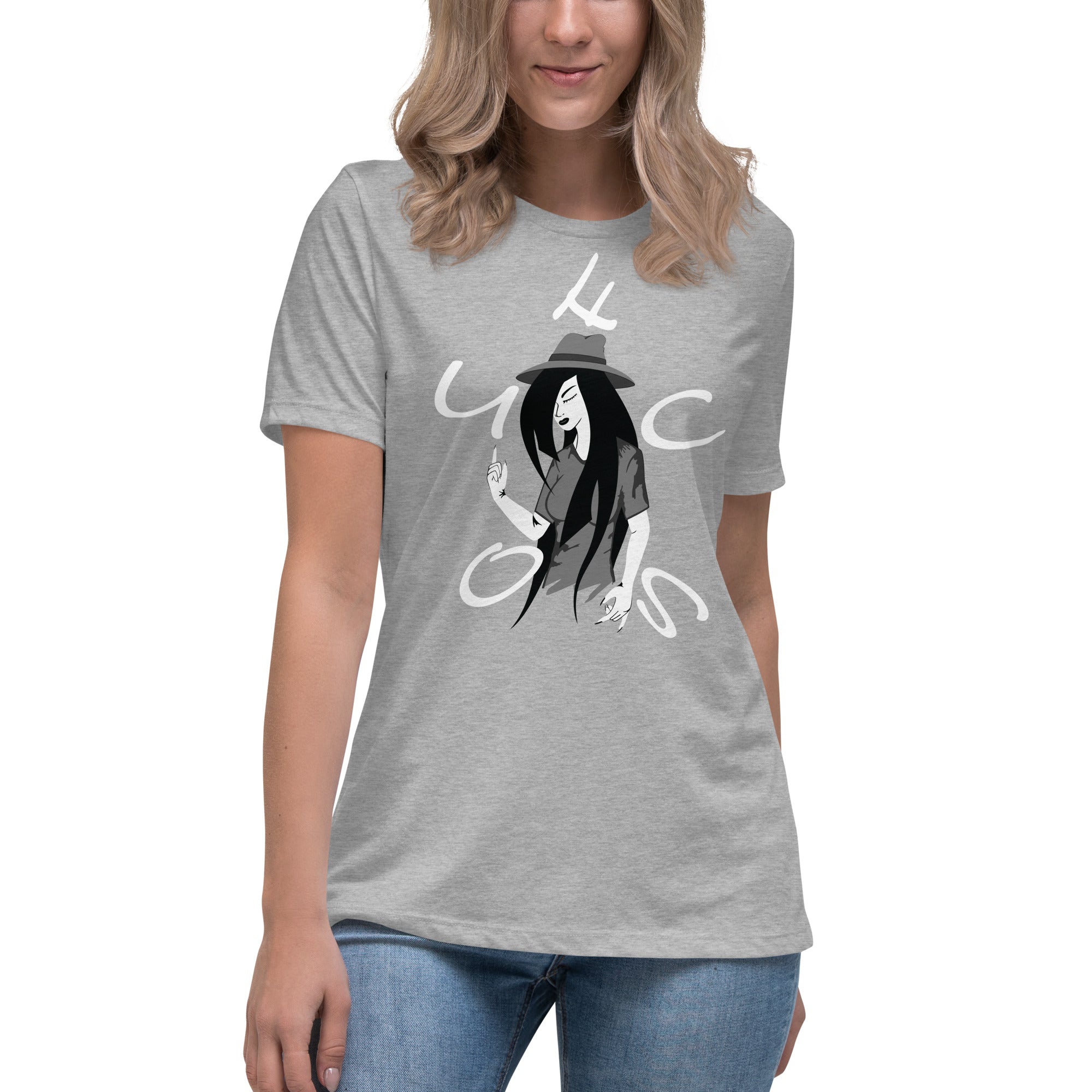 White, Grey and Black Graphic of young Lady wearing a hat with the letters of the word ' Focus ' scrambled around the Graphic