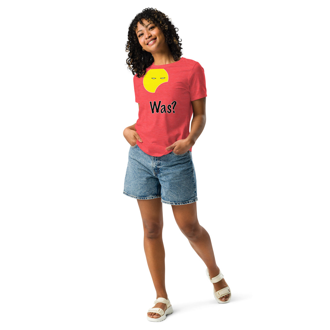 Emoji style yellow graphic combined with the german word for ' what '