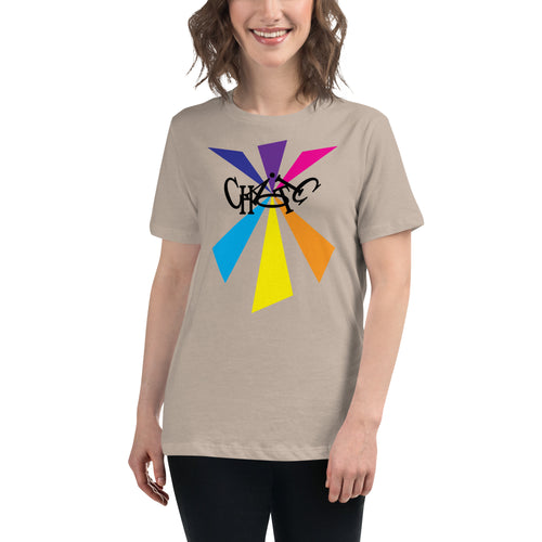 Letters of the word ' Chaotic ' in a slightly scrambled format combined with colorful, shape graphics
