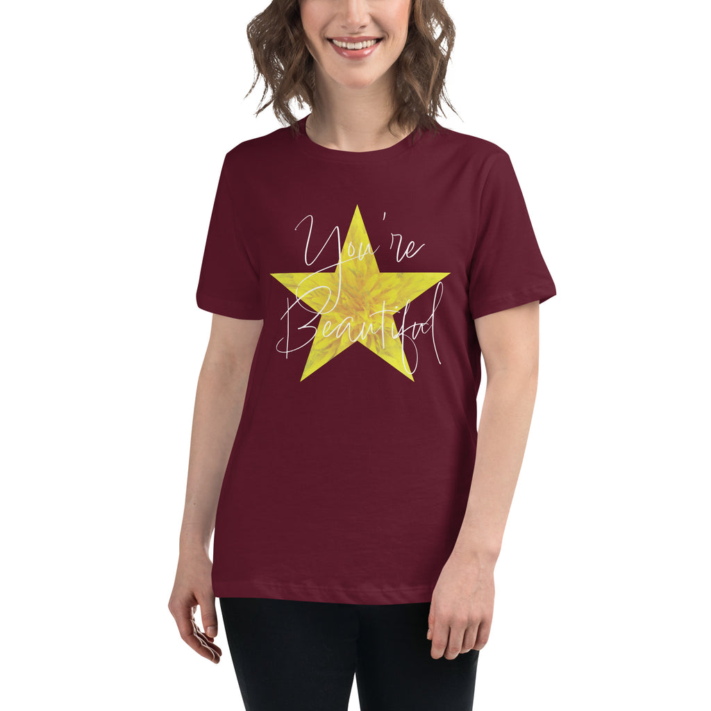 Star graphic with a yellow flower texture combined with the words ' You're Beautiful '