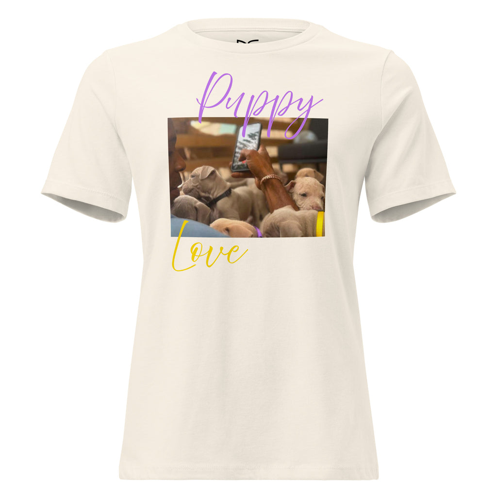 Photo of cute puppies interacting with their owner, combined with the phrase ' Puppy Love '