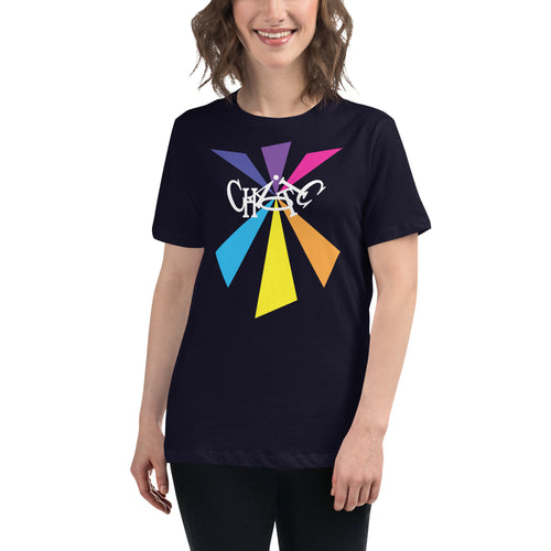 Letters of the word ' Chaotic ' in a slightly scrambled format combined with colorful, shape graphics