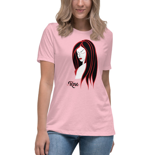 Red, Black and White graphic of a female with the words ' Red Rose ' in Black and Red
