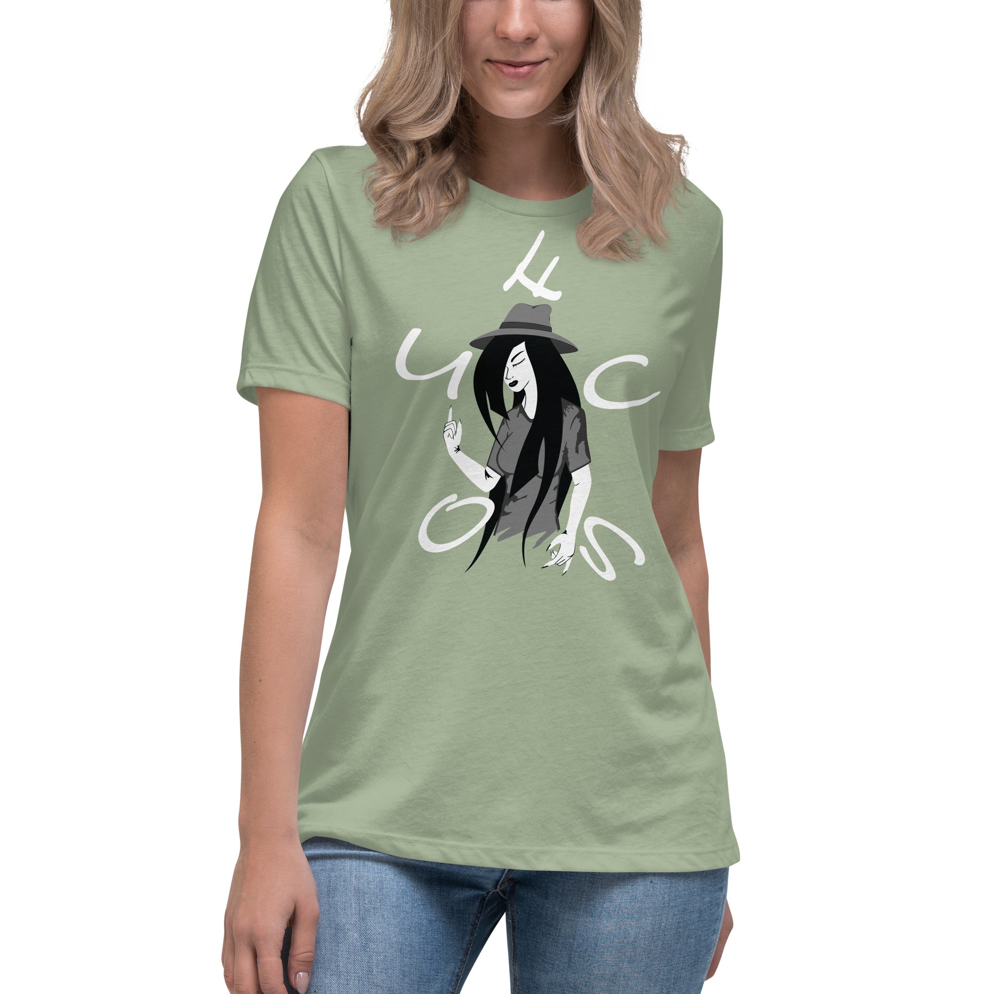 White, Grey and Black Graphic of young Lady wearing a hat with the letters of the word ' Focus ' scrambled around the Graphic