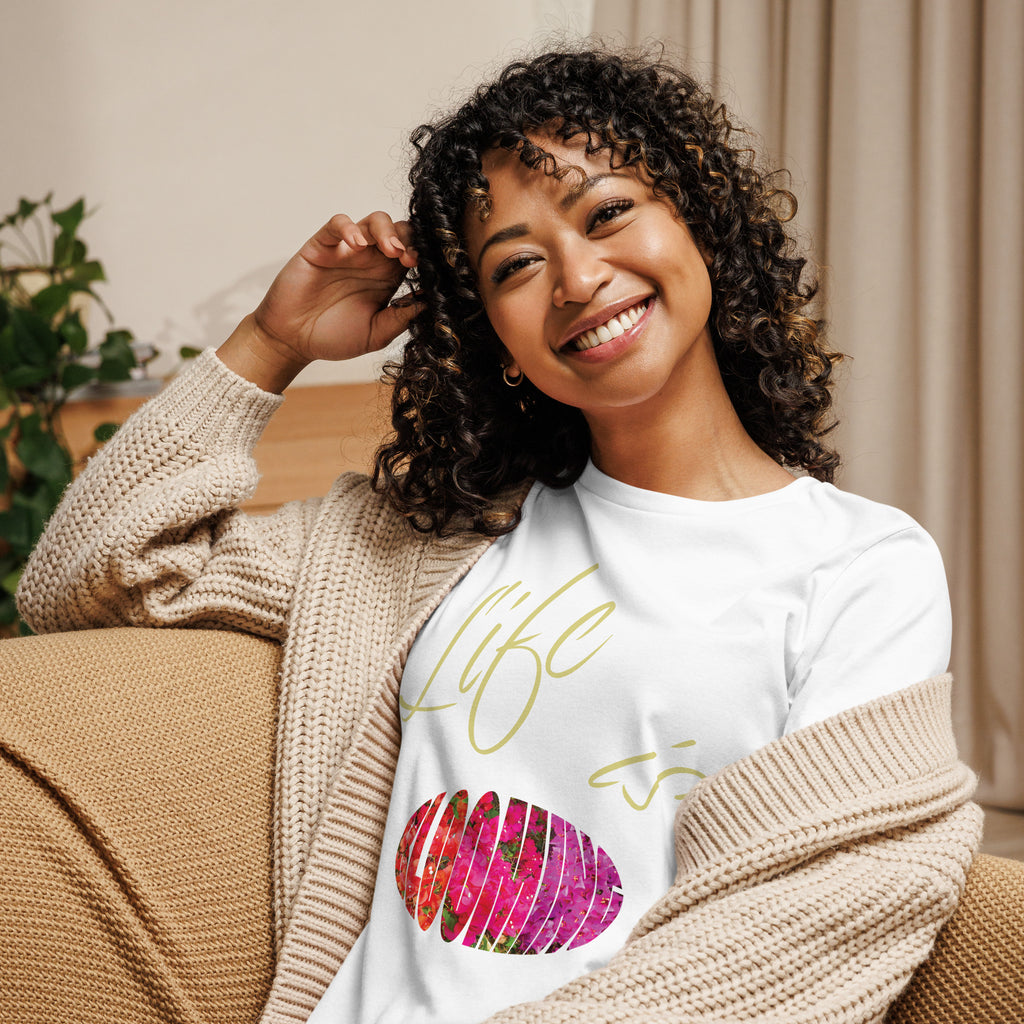 Phrase ' Life is Blooming ' with the word Blooming in a floral texture