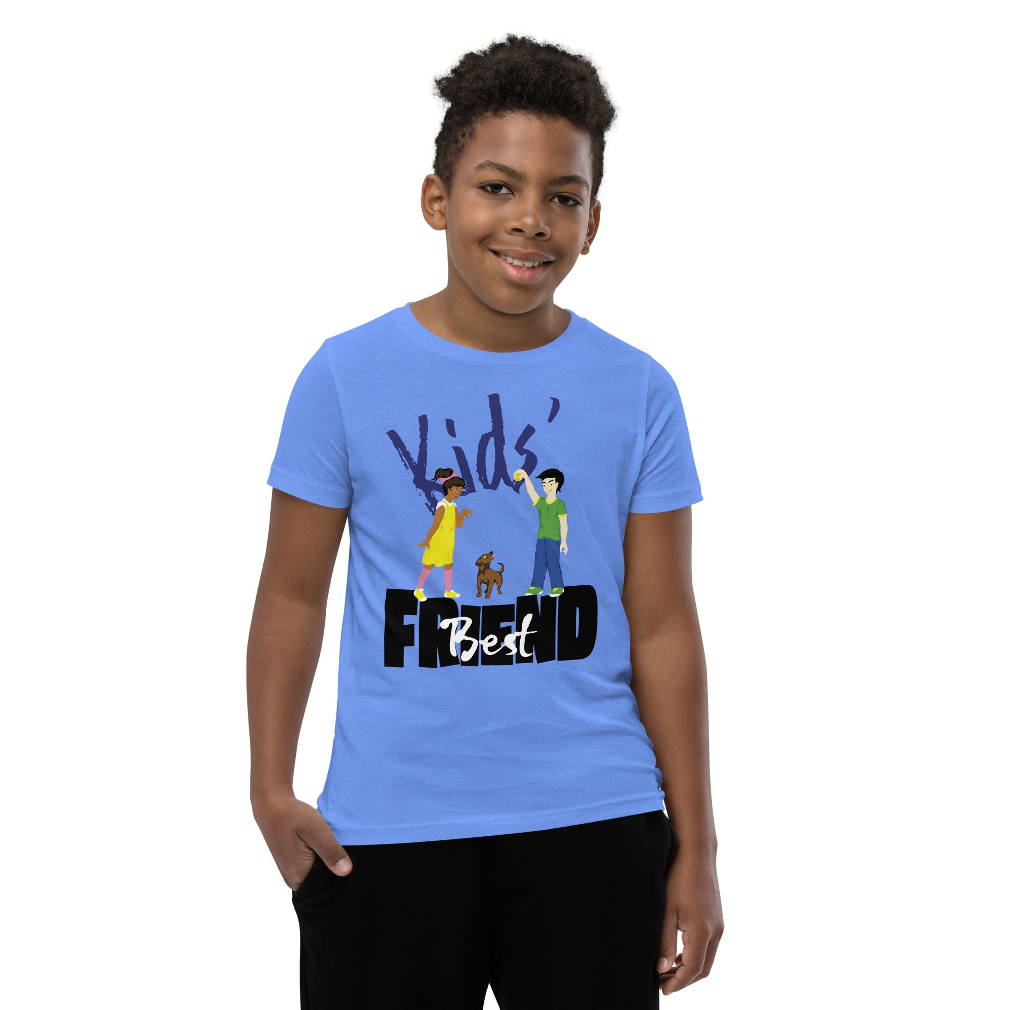 Colorful illustration of girl and boy playing with small dog integrated with blue, black and white text