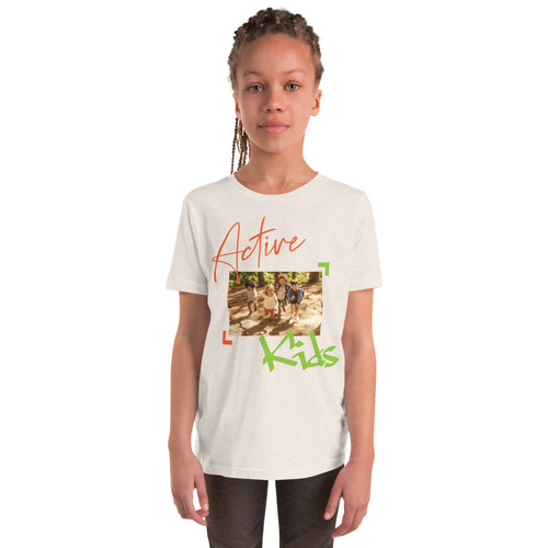 Photo of Kids playing outdoors combined with the words Active Kids in orange and green type