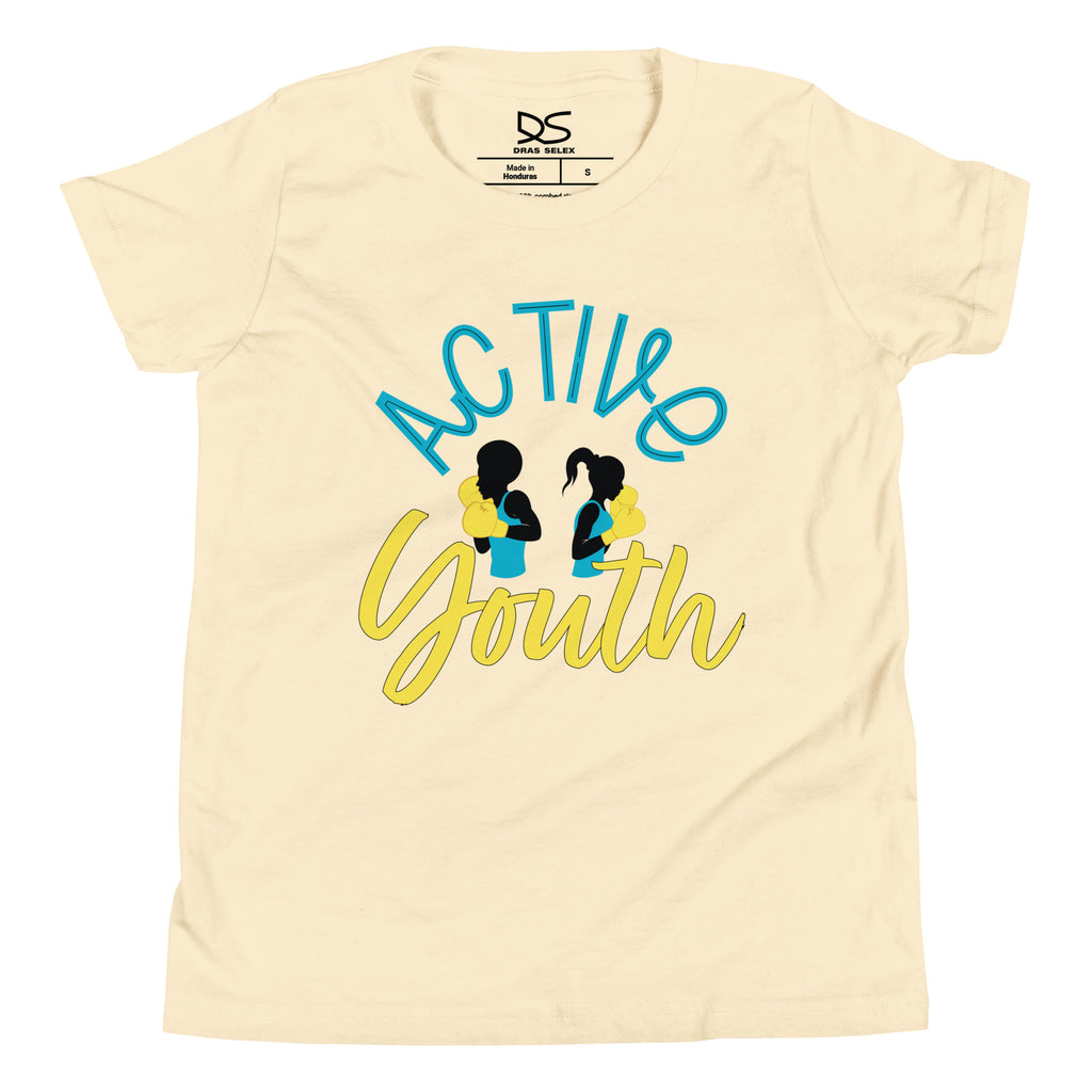 Teenaged male and female boxing silhouette style graphic combined with the text ' Active Youth '