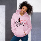 Red female silhouette and red heart graphic integrated with the letter I and the word Sports